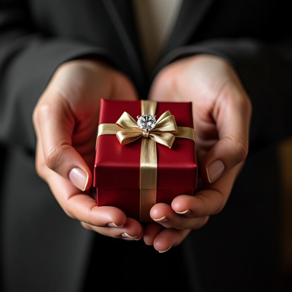 Hand holding a small red gift box with a gold ribbon and a diamond on top. A person in a suit presents the gift, evoking excitement and elegance.