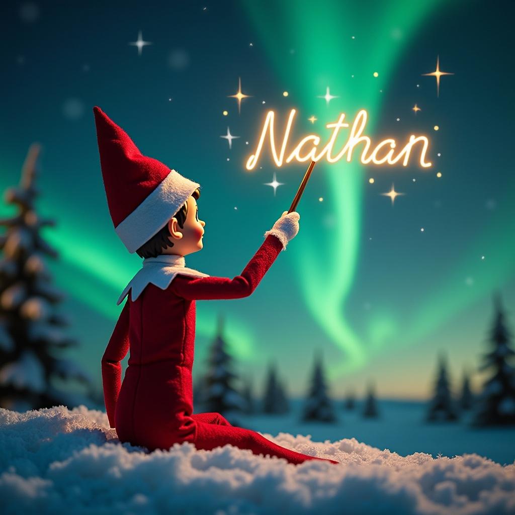 An enchanting Christmas scene featuring an elf on the shelf, who is facing the sky with his back to the viewer. The elf, dressed in red and white, wields a magic wand. The backdrop is adorned with vibrant northern lights, adding a magical ambiance. The scene is festive, portraying the spirit of Christmas with a whimsical twist. The elf’s position and action create a sense of wonder and excitement that captures the joy of the holiday season, writing 'Nathan' and 'Ella' in a glowing script above him.