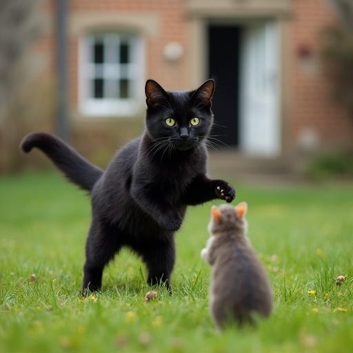 A black cat with blue eyes dances on a lawn pretending to be dizzy. A large rat is seen from behind and watching. An old house is in the background.