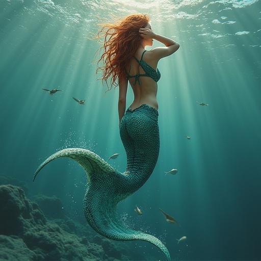 A mermaid with flowing red hair swims gracefully underwater. A shimmering fish tail glimmers in shades of green. Sunlight penetrates the water surface and illuminates the scene. The underwater environment features depth and a serene atmosphere.