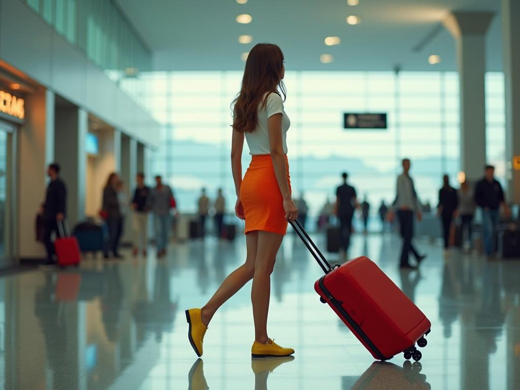 A woman with long hair dressed in a white top and orange skirt is walking through a bustling airport terminal, pulling a bright red suitcase. The terminal is filled with people in motion, their blurred forms reflecting the busyness of travel. Natural light streams in through large windows, creating an airy, open atmosphere and casting soft reflections on the polished floor.