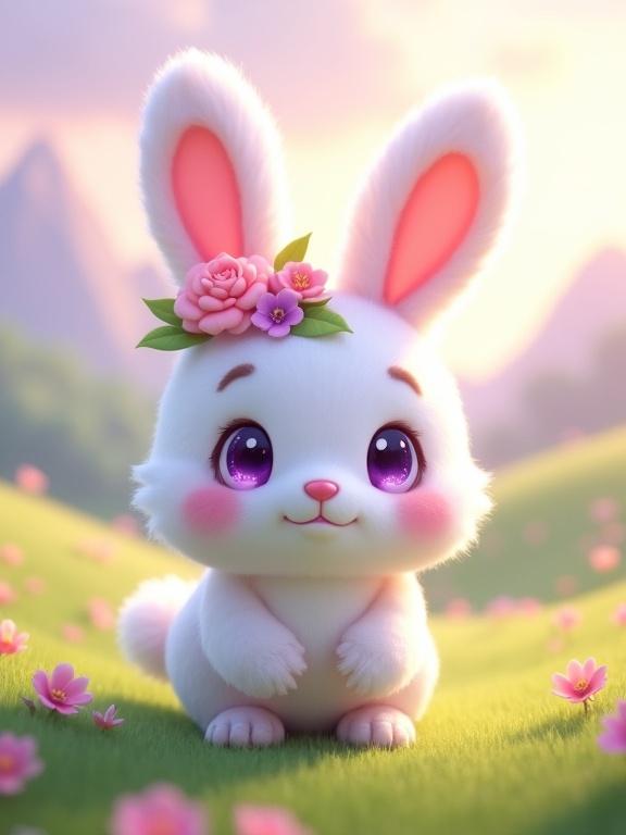 Image shows a cute animated bunny-like character in a meadow. The bunny has a round white face and large purple eyes. It has pink accents on ears, paws, and tail. A crown of flowers is on its head. The background features green grass and scattered flowers under a glowing sky.