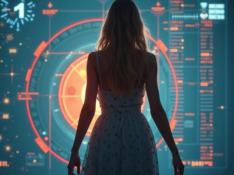 AI cross-referencing calendar urgency with weather radar for optimal outfit suggestion. A woman stands in front of a high-tech screen. The screen displays data about time and weather.