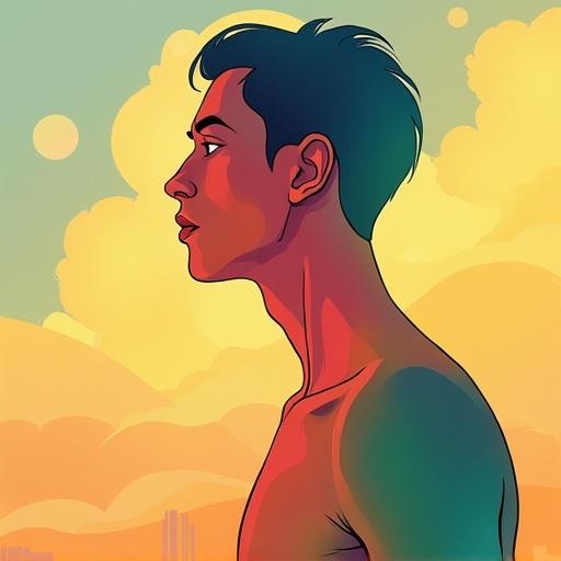 Illustration of a metaphoric image. Representation of human form silhouette. Genderless and hopeful. Colorful, inspired by Michael Dudok de Wit.