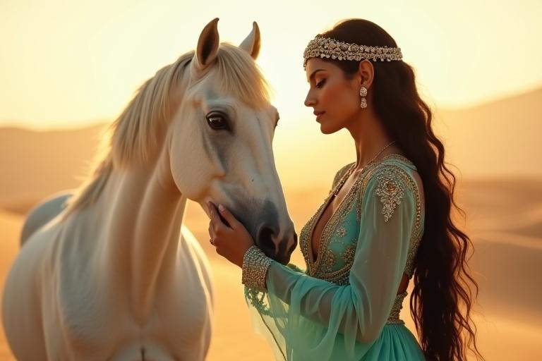 Golden hour glow in the desert. Arabian princess in turquoise outfit with gold embroidery. Majestic white horse beside her. Serene expression with affectionate touch. Close-medium shot from the left side. Emotional connection captured in warm light.