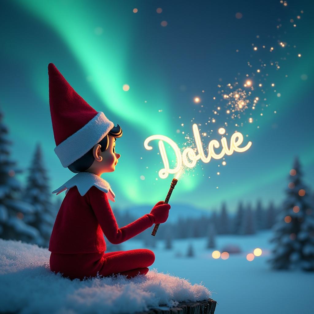 Elf on the shelf facing the sky with a wand. Magical Christmas scene with northern lights. Name Dolcie written in the sky elegantly using magic wand.