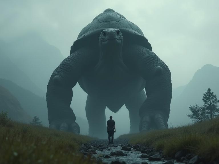 A small man stands in front of a 200 ft tall giant tortoise. The scene is dark and atmospheric. The tortoise has a short neck and giant claws. A grassy field and small river are visible. Mountains and fog enhance the mood.