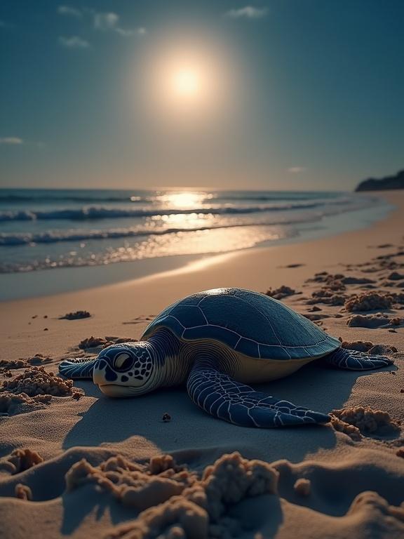 A mother sea turtle digging a nest in wet sand under moonlight. Baby turtles hatching in the background. Warm light illuminates the beach and shadows highlight sand patterns and turtle tracks.