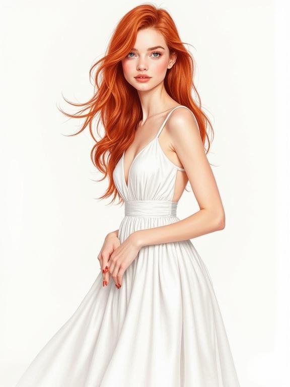 Illustration of a young woman in a white dress. She has red hair and is posed playfully. The image shows her from the side. The illustration is detailed and colorized.