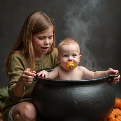 A mother interacts playfully with her child. The child sits in a large decorative cauldron. An oversized pacifier is in the child's mouth. The scene is cozy and warm, with a homey environment.