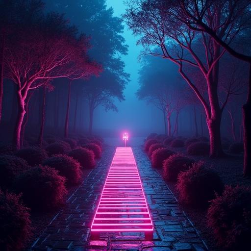 Dark neon EDM album cover featuring a glowing path in a foggy forest with trees