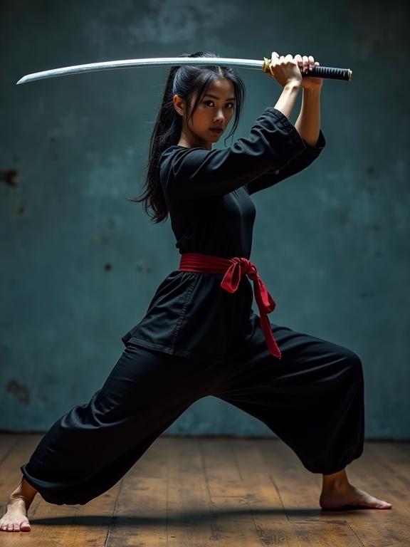 Martial artist assumes a dynamic kung fu stance. Body positioned at an angle with left knee bent near the floor. Right leg extended back with toes curled for balance. Right hand lifts a katana above her shoulder while left hand extends forward. Black outfit highlights muscle tension with a red sash at the waist. Hair in a ponytail with strands framing the face, focusing forward.