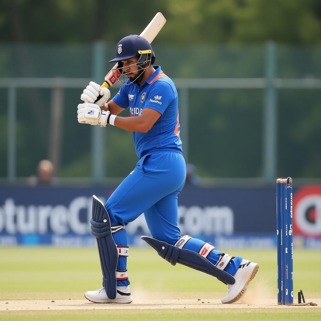 A cricket player is shown in motion mid-swing. The player wears a blue uniform and displays focus at the crease. A netted fence and visible dust are seen in the background, enhancing the sports atmosphere.