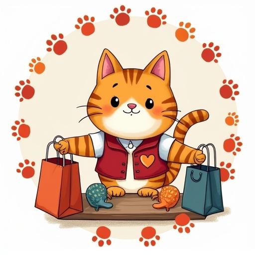 Cheerful kitty in retail vest with heart-shaped tag arranges merchandise on display. Surrounded by circular border of paw prints and shopping bags. Hand-drawn style.