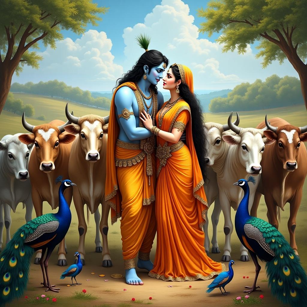 Radha Krishna in love with cows and peacocks surrounding them. Vibrant colors depict their divine relationship in a pastoral setting.