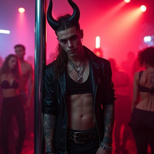 Modelesque incubus exuding raw seductive energy in dimly-lit nightclub. Leaning against chrome pole. Musky athletically built form. Vampiric fangs peek from beneath smirk. Inky black eyes smolder with hunger. Gleaming sweat coats shiny crimson skin. Tattoos snake over muscular frame. Sweat long mullet frames impala horns. Tight ripped black jeans cling to powerful thighs. Open studded sleeveless leather jacket. Tattered black crop top reveals sculpted abs. Oversized combat boots contrast attire. Prominent bulge suggests perilous allure. Whip-like tail sways to thumping bass. Scene alive with vibrant hues of debauchery. Scent of pheromones thickens air. Essence pulses with music.
