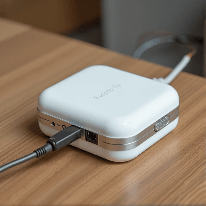 A sleek, white electronic device with multiple connectivity ports, including a USB and network port, is placed on a wooden surface.