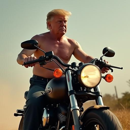 Shirtless man riding a motorcycle under a warm sun. The scene displays confidence and humor with a comedic text.