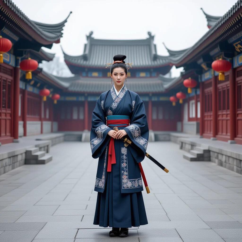A photo of an ancient scholar wearing a traditional costume. The setting features traditional Chinese architecture with red lanterns. The scholar stands in the center, holding a sword.