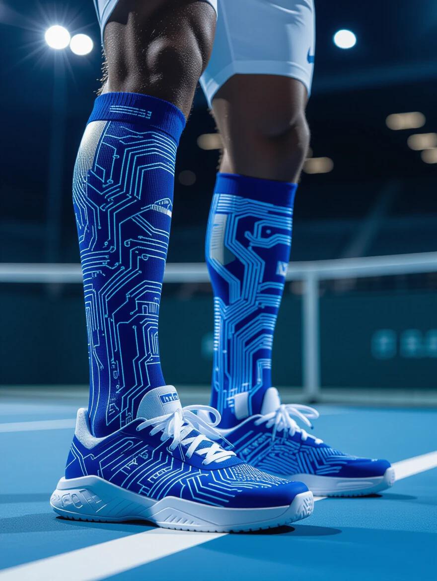 Photograph of a tennis player showcasing crew socks with biomechanical circuit designs in blue and silver. Futuristic patterns resemble technical drawings of leg mechanics with stylized tendons and circuits. Player serves with power; court lighting highlights details. Captured with professional sports photography to show movement and artistic design elements.