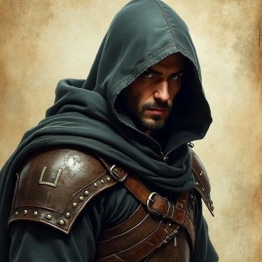 A hooded elf character with a stubbled face and scars wearing leather armor. The character is in action as if sneaking or preparing for an assassination. The background fades into worn parchment paper. Digital art in the style of Antonio J. Manzanedo with a semi-realistic and epic fantasy feel.