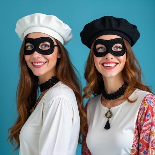 Two women with blue eyes smile at the camera. One wears a white long sleeve shirt and a white beret. The other wears a colorful long sleeve shirt and a colorful beret. Both have Renaissance style collars. They show surprise and excitement. Text bubbles float above their heads. The scene is set against a solid blue background.