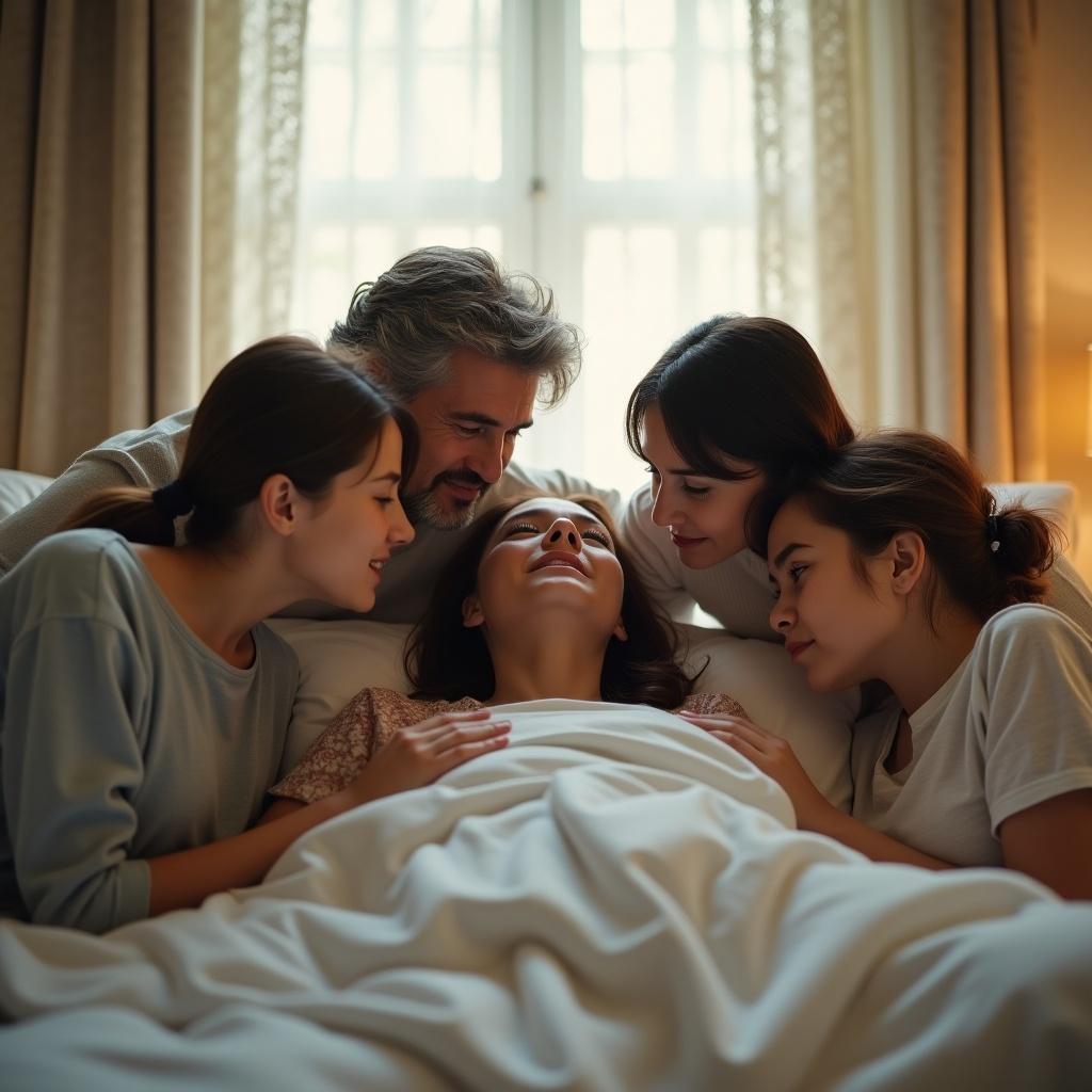 A touching scene in a softly lit bedroom with family members gathering around a woman in bed. Two loved ones lean in closely, expressing concern and tenderness, while a third looks on with sorrow and love. The room features a gentle pastel color scheme and warm light.