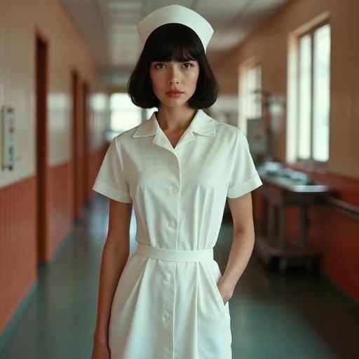 A confident young woman stands in the hallway of a 1960s German hospital. She wears a crisp white nurse's uniform and a traditional nurse's cap. The background features soft peach walls and metal medical equipment. The image captures youthful energy and nostalgia with a professional touch.