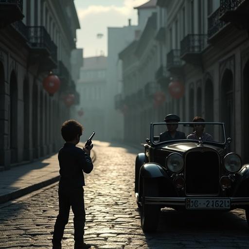 Create a dark cinematic scene in realistic style. View from a slightly upper angle in 16:9 format. Setting is an early 20th-century European street with cobblestone roads and moody lighting. Young boy holding a gun aiming. Vintage open-top car parked nearby with figures styled as a royal couple. Scene feels suspenseful and intense. Use dramatic shadows inspired by certain visual creators. Leave open space in composition for animations.