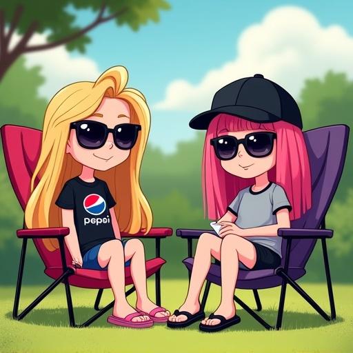 Brianna and Brandy are sitting on camping chairs in their garden on a hot summer day. Brianna has long dark-blonde hair, sunglasses, a black Pepsi Max shirt, navy-blue track shorts, and pink flip-flops. Brandy has pink hair, sunglasses, a black baseball cap, grey shirt, black track shorts, and black flip-flops.