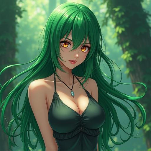 Anime theme featuring a girl with long green hair in a fantasy forest setting. She has vibrant eyes and a confident expression, wearing a stylish outfit. Background consists of lush green foliage with a mystical atmosphere.