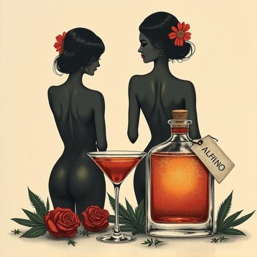 Minimalist screen printing artwork depicting two flapper girls. They pose invitingly towards the viewer. A lower apothecary bottle filled with shimmering elixir glows golden-reddish. A cork lid sits on top with a hang tag named 'ALFRUNO.' Two cocktail glasses flank the bottle. Roses and green herbs surround the composition against a beige background. The mood is mysterious and elegant. Simple strokes in minimalist style.