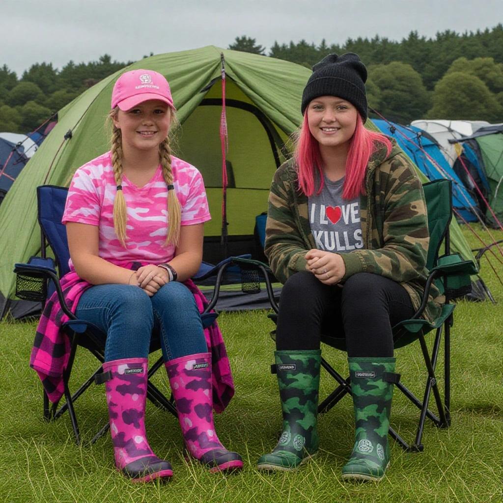 Two girls sitting on camping chairs outside a tent at a music festival. One girl wears a pink camouflage shirt and matching wellies. The other girl has pink hair and wears a grey shirt with skulls. Background shows camping tents.