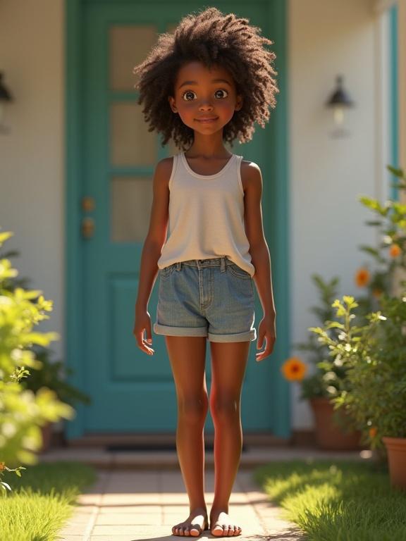 Brown girl standing outside home wearing shorts. Full body image. Hyper realistic style.