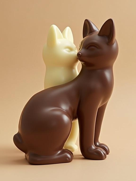 Stylized cat figurines made of dark milk and white chocolate. Soft tones and smooth textures. Professional studio setup showcasing the product.