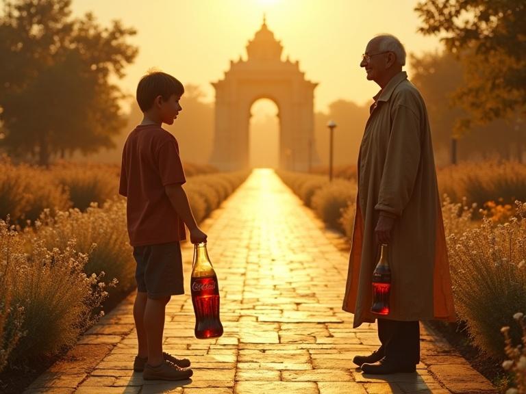A split scene shows a boy in 1960s clothes selling Coca-Cola bottles in Omaha. An elderly man resembling Warren Buffett stands before a golden temple in brilliant light. A golden bridge symbolizes the passage of time. Lush gardens surround the temple. The atmosphere is cinematic and welcoming.