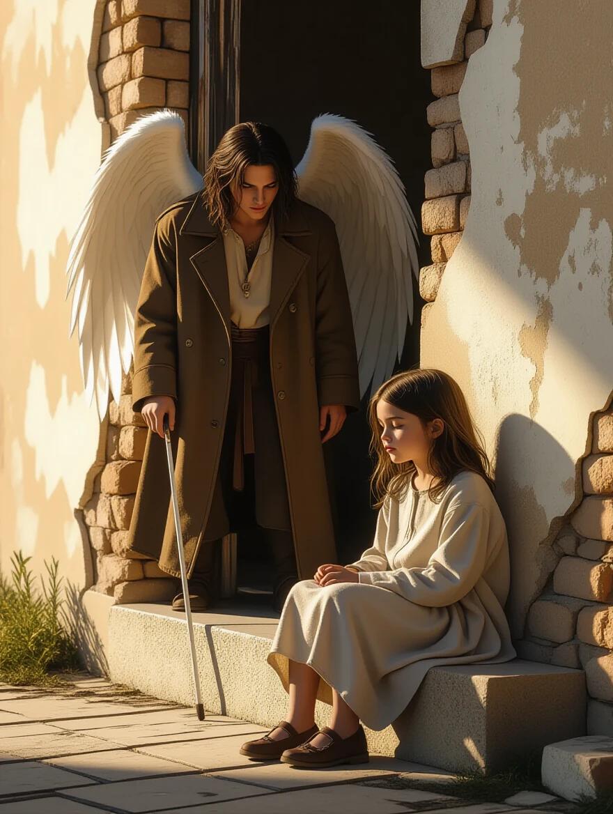 A fallen angel with tired expression stands in shadows of a ruined building. A blind girl around 8 years old sits calmly on a step nearby. The girl wears simple clothes and holds a white cane. Warm light bathes her face while the angel remains in dimness. Hyper-realistic emotional atmosphere.