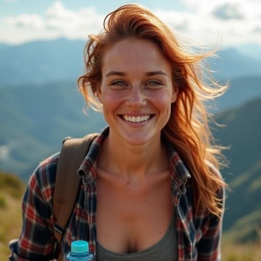 A woman is at a mountain peak. Wind is blowing her auburn hair. Her cheeks are flushed and she looks tired. She wears a flannel shirt over a tank top. A smudge of dirt is on her jaw. She smiles widely, showing a crooked tooth and holds a water bottle. Some water drops are on her hand. The background shows a blurred valley.