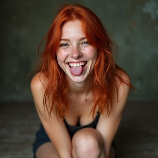 A young woman with red hair kneels while smiling at the camera with her tongue sticking out.