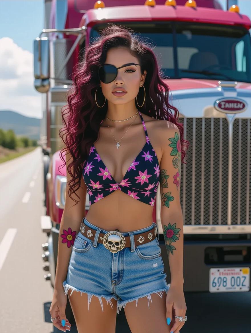 Young woman with long dark cherry hair wears eyepatch. She has a star print halterneck blouse and faded blue shorts. Skull buckle belt and flower tattoos on forearms. Thick-soled flip flop sandals with flowers. She poses in front of a pink freightliner truck on the highway, smoking.