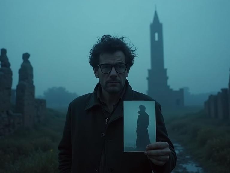 An investigator with glasses stands alone in the ruins at dawn. He holds a photo featuring a ghostly silhouette. A tower looms behind him under early blue light amid lingering fog. The atmosphere is emotionally heavy with an unresolved story.