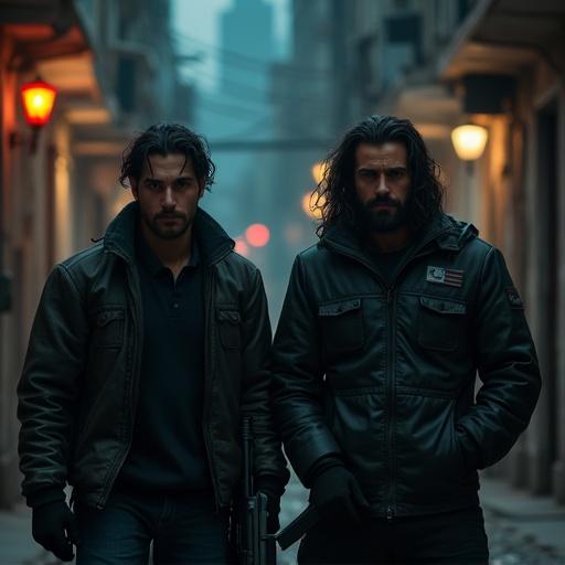 Two men hunt down a Turkish crime lord. Dark-haired characters show resolute determination. Mercenaries in a gritty urban alley at night.