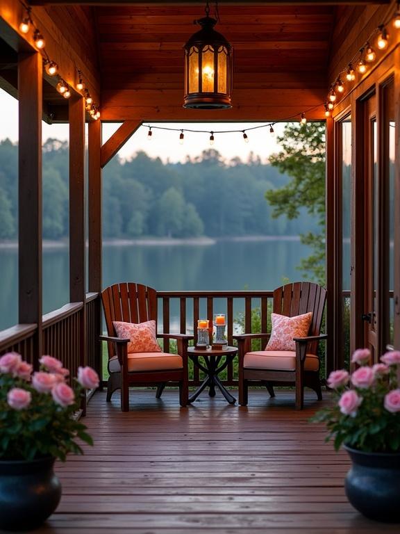 Cozy lakeside covered porch area during twilight with serene lake view and surrounding forest. Wooden structure with dark brown finish. Two wooden chairs with peach cushions and candles on a small table. String lights and a lantern provide warm light. Blooming rose bushes frame the scene, reflecting a tranquil atmosphere.