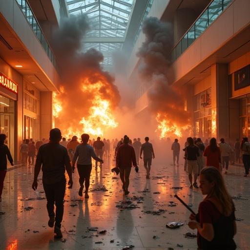 Dramatic scene inside modern shopping mall engulfed in fire. Shattered glass storefronts flames burst through. Thick black smoke from ceiling vents. Sprinklers broken or failing. Shoppers staff running in panic coughing. Group using buckets of water fire extinguishers to fight flames. Faces illuminated by fire glow. Strained with fear determination. Debris on glossy tile floor burning bags mannequins scattered merchandise. Close-up young woman’s face shock mid-scream yelling FIRE.!! eyes wide mouth open backlit by flames. Dramatic lighting red-orange firelight casting shadows through smoky haze.