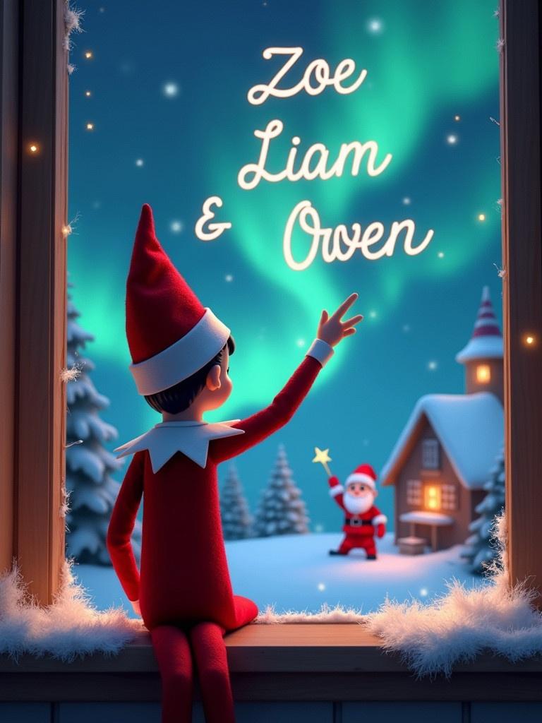 Elf doll with back turned facing northern lights. Using a wand to write names in the sky. Magical Christmas setting with Santa in the background. Names Zoe Liam Owen elegantly displayed in the sky. Snowy scenery outside a cozy cabin.