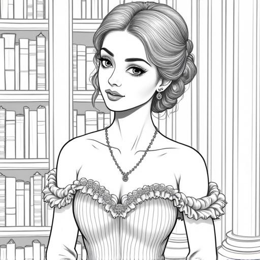 Black and white line art. Intricate details in a young woman. Elegant updo hairstyle. Large expressive eyes. Delicate facial features. Gown from Rococo or Baroque style. Fitted bodice and flowing skirt. Ruffled sleeves. Pendant necklace. Standing in front of a grand library. Tall ornate bookshelves and classical columns. Clean crisp lines. Poised and thoughtful expression.