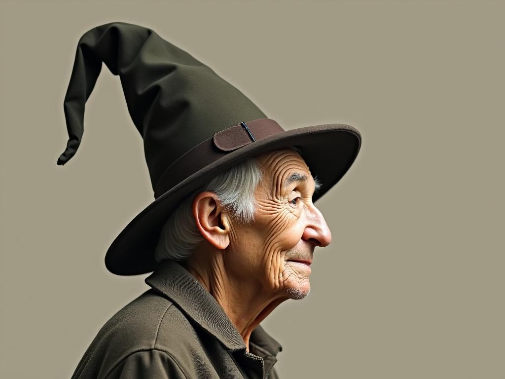 Create a profile side view portrait of an elderly person with a whimsical, pointed hat. The individual should have a kind yet weathered face, featuring deep wrinkles and expressive eyes. The hat should be tall and slightly floppy, giving a charming, quirky appearance. The background should be minimalistic, allowing the focus to rest solely on the person. Adjust the colors to be soft and warm, enhancing the overall inviting atmosphere of the image.