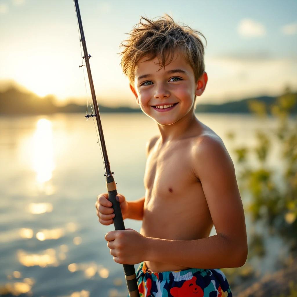 Portrait of a cute handsome boy standing on the bank of a lake. Boy wearing colorful swimsuit holding fishing pole. Sun setting over lake with sun rays highlighting the photo.