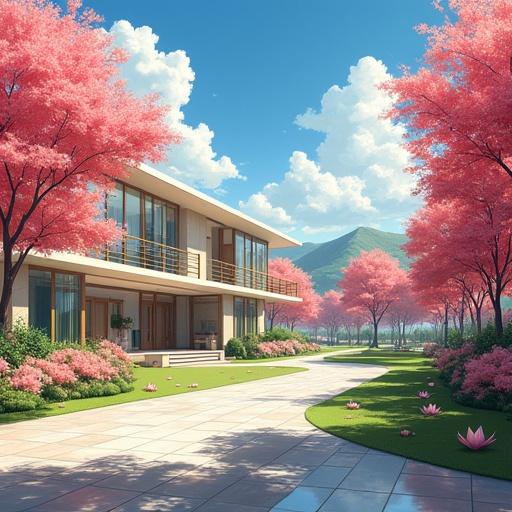 Anime style artwork depicting a serene modern gated community surrounded by cherry blossoms. The scene includes luxurious mansions and a large garden, bathed in bright morning light with a semi-futuristic aesthetic.