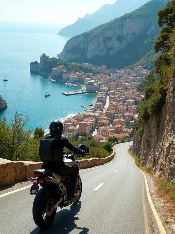 Motorcyclist on winding coastal mountain road with view of Mediterranean sea town. Rider wears rugged gear and helmet. Scenic route with greenery and rocky cliffs. Old town with terracotta rooftops near blue sea. Sailboats and small islands visible. Natural lighting, clear skies, soft afternoon sunlight. Ultra-realistic style with detail and cinematic atmosphere.